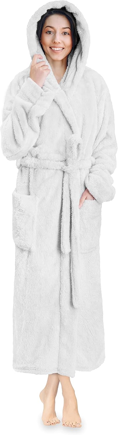 Women Hooded Plush Soft Robe | Fluffy Warm Fleece Sherpa Shaggy Bathrobe