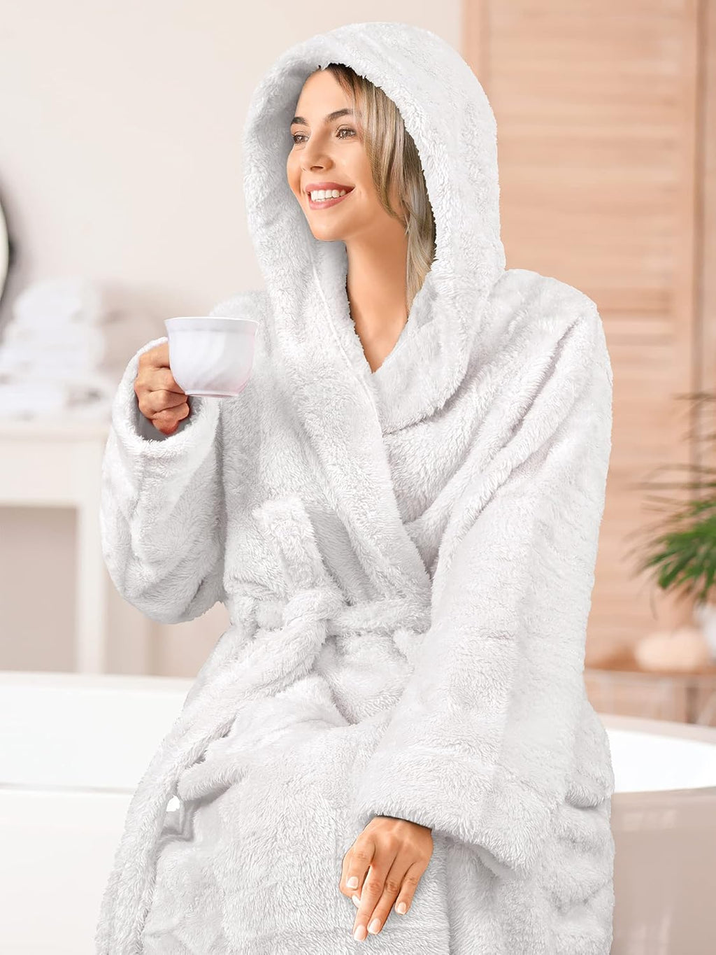 Women Hooded Plush Soft Robe | Fluffy Warm Fleece Sherpa Shaggy Bathrobe