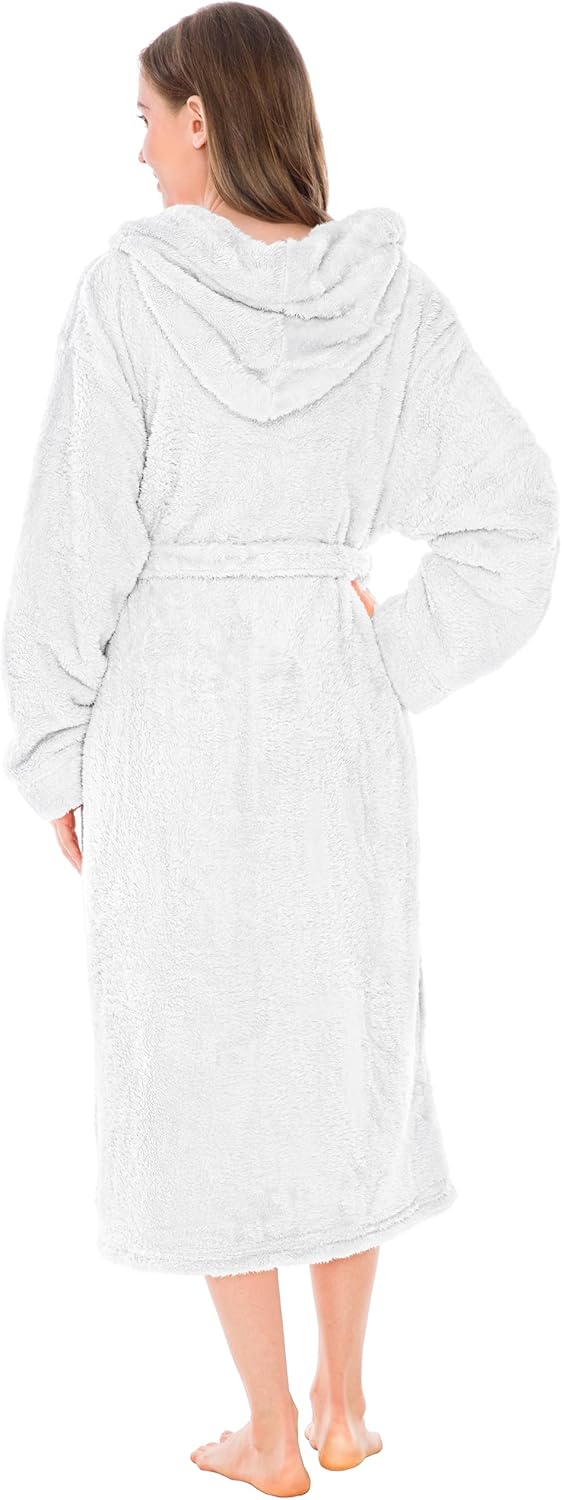 Women Hooded Plush Soft Robe | Fluffy Warm Fleece Sherpa Shaggy Bathrobe