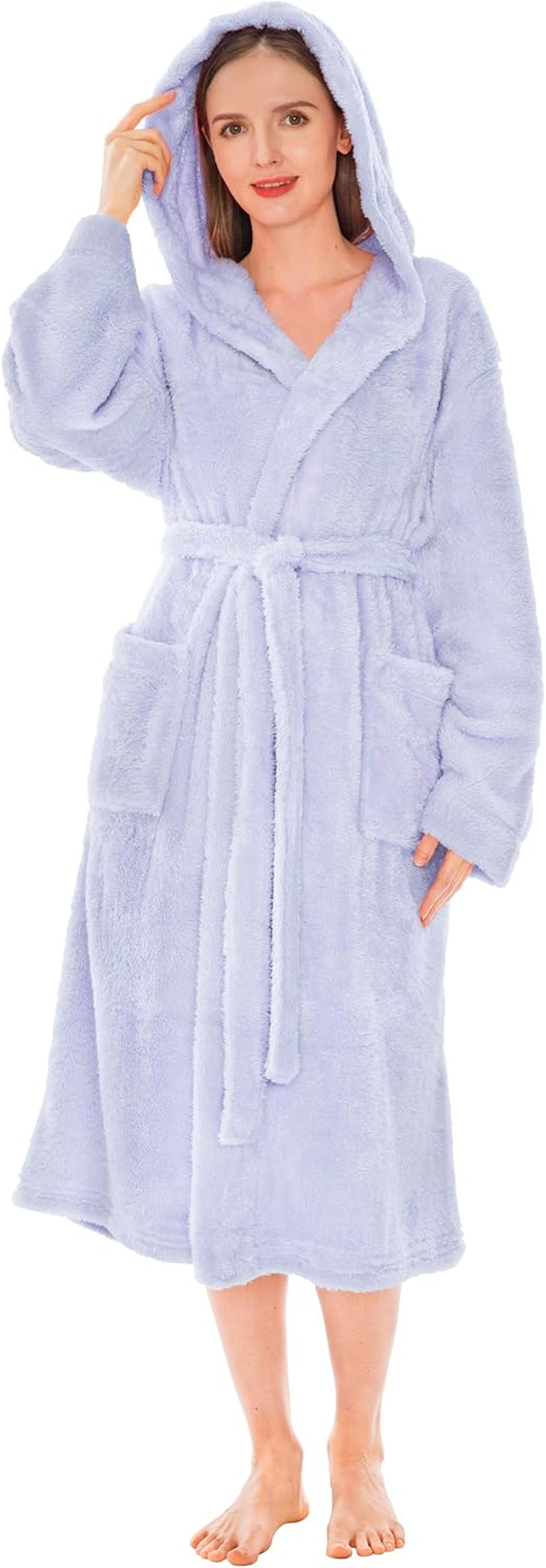 Women Hooded Plush Soft Robe | Fluffy Warm Fleece Sherpa Shaggy Bathrobe